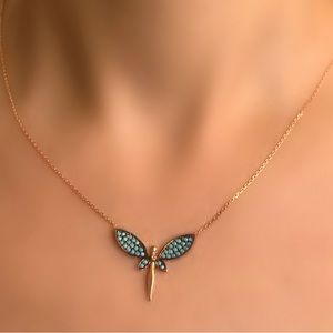 Minimalist Sterling Silver Dragonfly Necklace - Blue Zircon Stone - Rose Gold